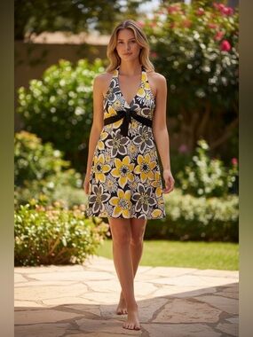 S.L. Fashions Backless Halter Floral Sundress in Yellow & Black